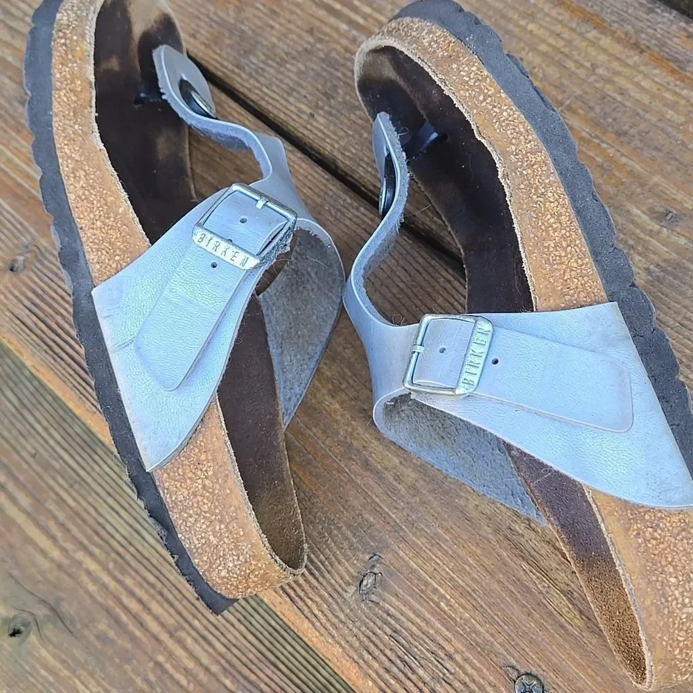 Gizeh Birko Flor Ice Pearl Onyx Silver Tone Leather Sandals Womens Girls 6.5 App